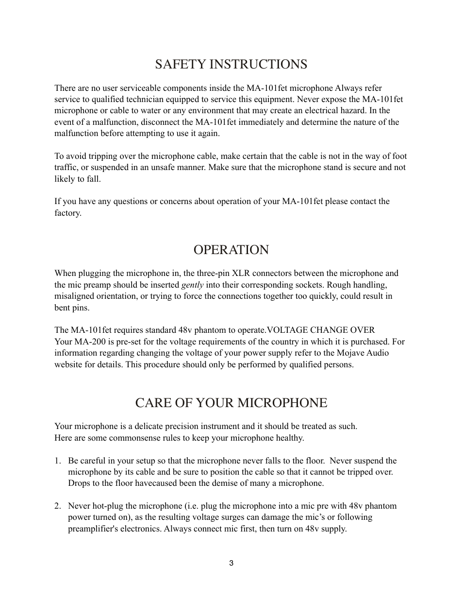 Safety instructions, Operation, Care of your microphone | Mojave Audio A-101SP User Manual | Page 3 / 7