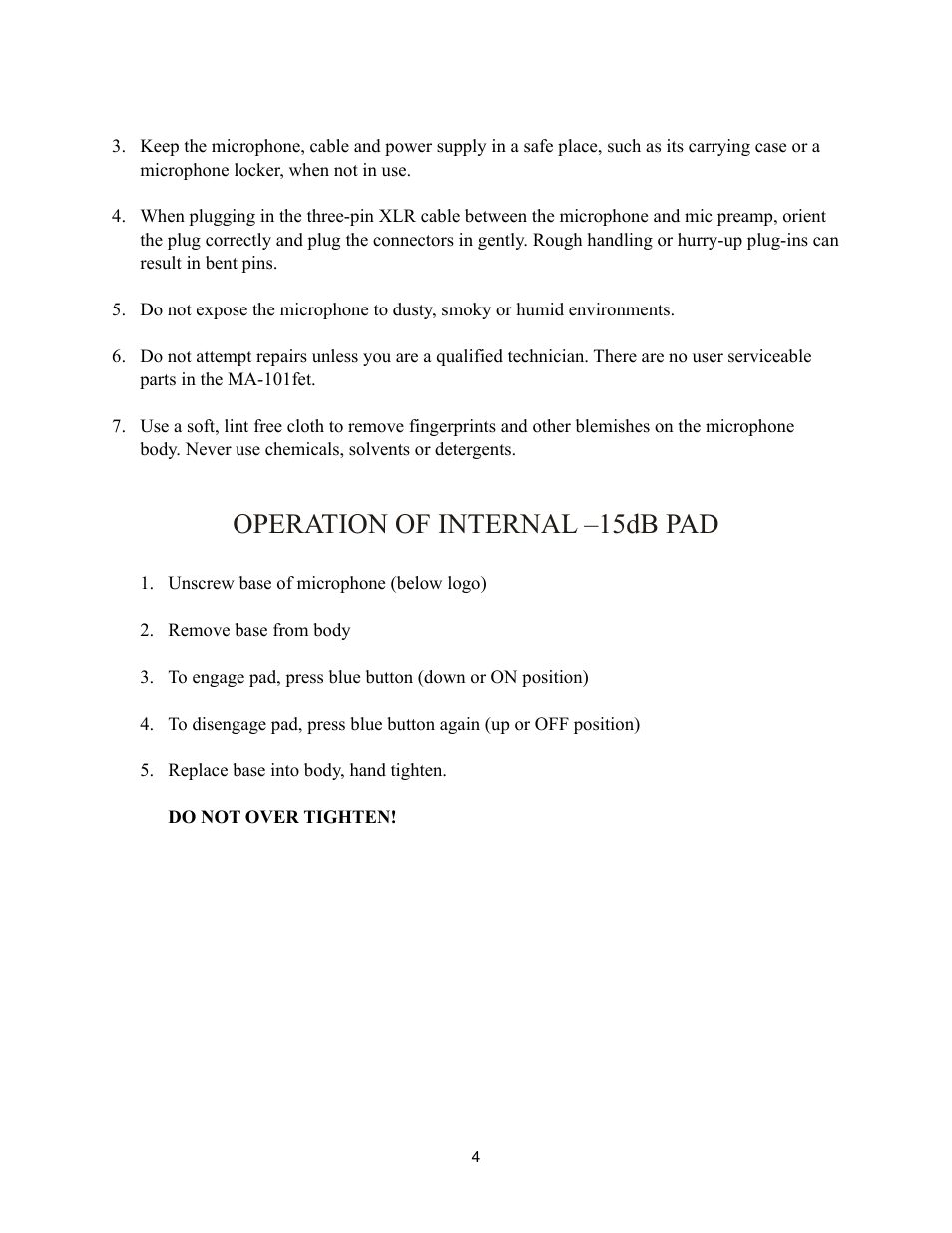 Operation of internal –15db pad | Mojave Audio A-101SP User Manual | Page 4 / 7