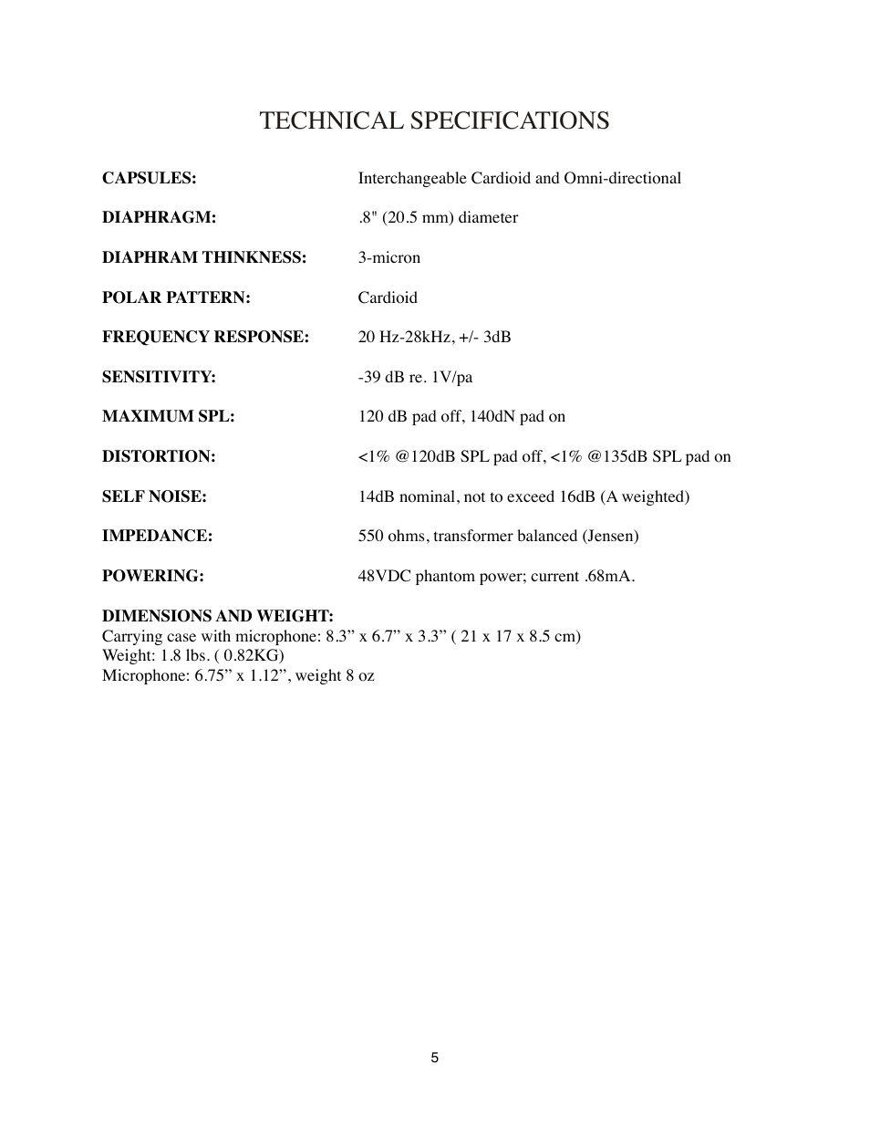 Technical specifications | Mojave Audio A-101SP User Manual | Page 5 / 7