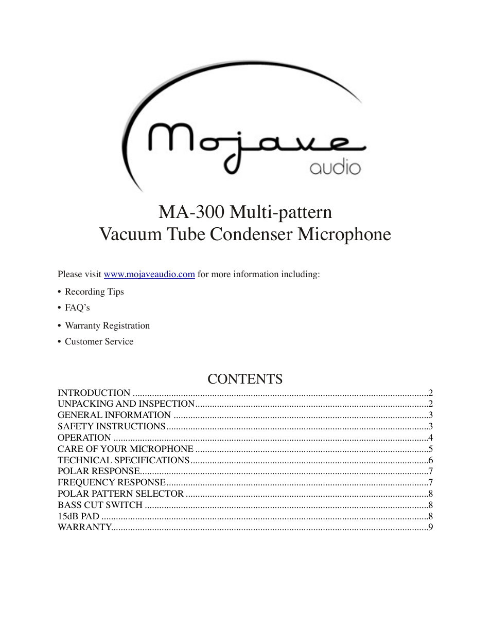 Mojave Audio MA-300 User Manual | 9 pages
