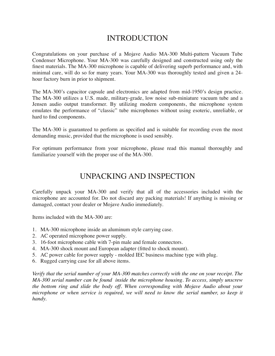 Introduction, Unpacking and inspection | Mojave Audio MA-300 User Manual | Page 2 / 9