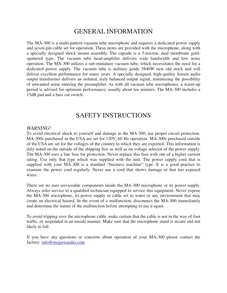 General information, Safety instructions | Mojave Audio MA-300 User Manual | Page 3 / 9