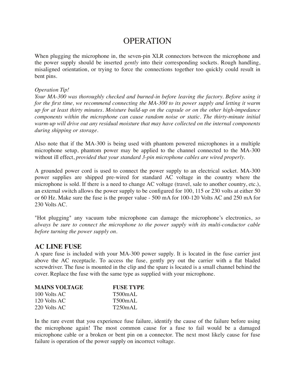 Operation | Mojave Audio MA-300 User Manual | Page 4 / 9