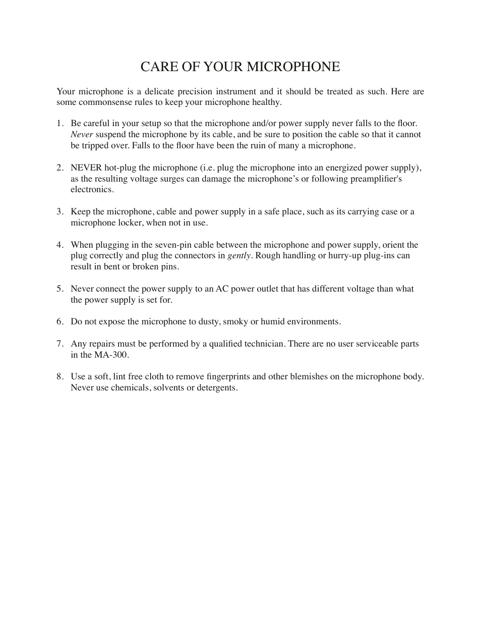 Care of your microphone | Mojave Audio MA-300 User Manual | Page 5 / 9