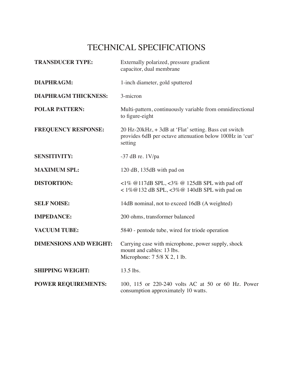 Technical specifications | Mojave Audio MA-300 User Manual | Page 6 / 9
