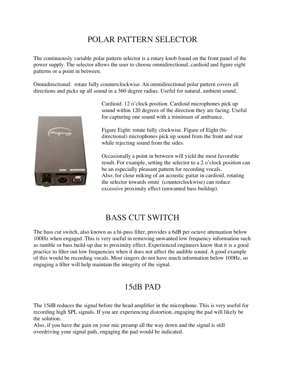 Polar pattern selector, Bass cut switch, 15db pad | Mojave Audio MA-300 User Manual | Page 8 / 9