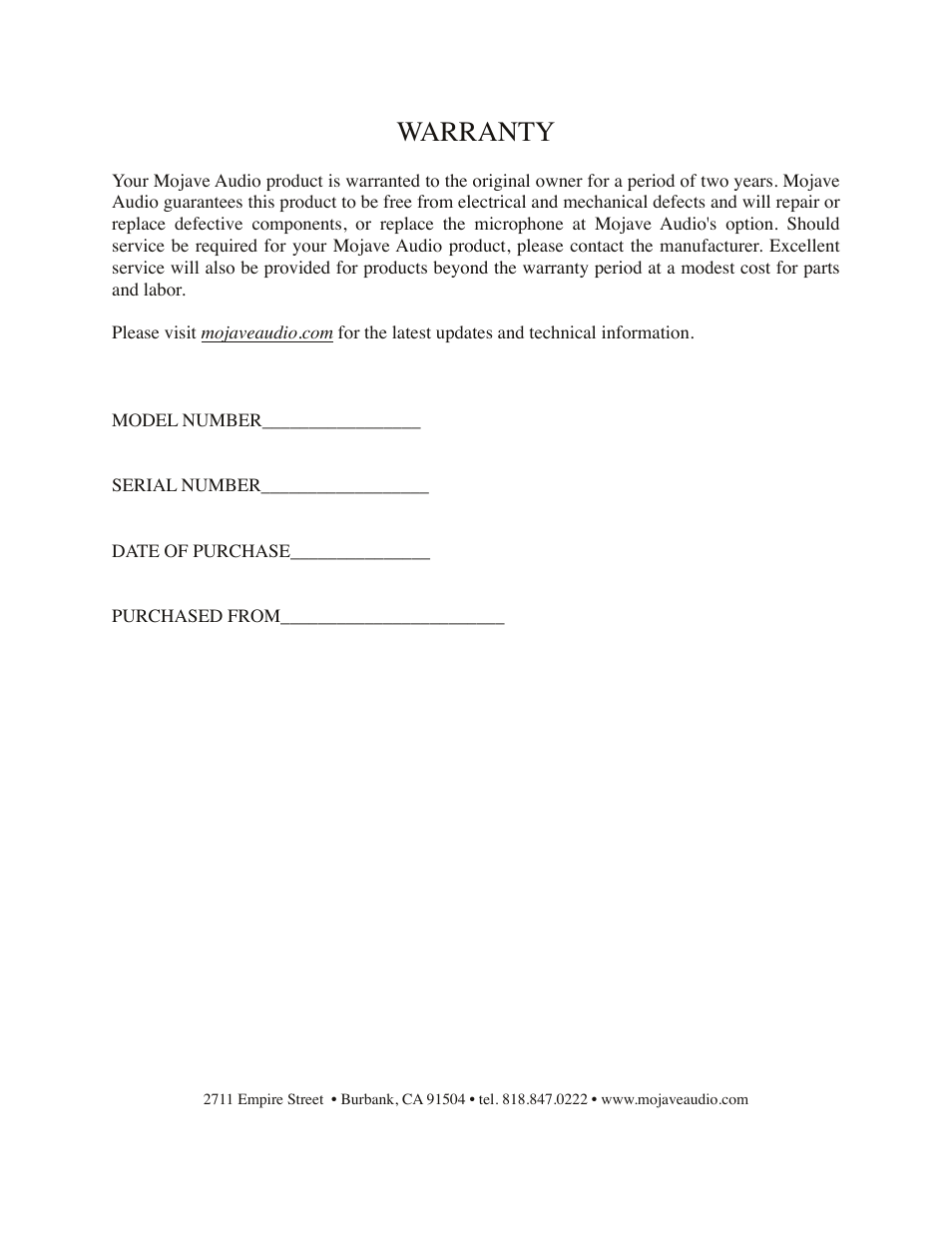Warranty | Mojave Audio MA-300 User Manual | Page 9 / 9