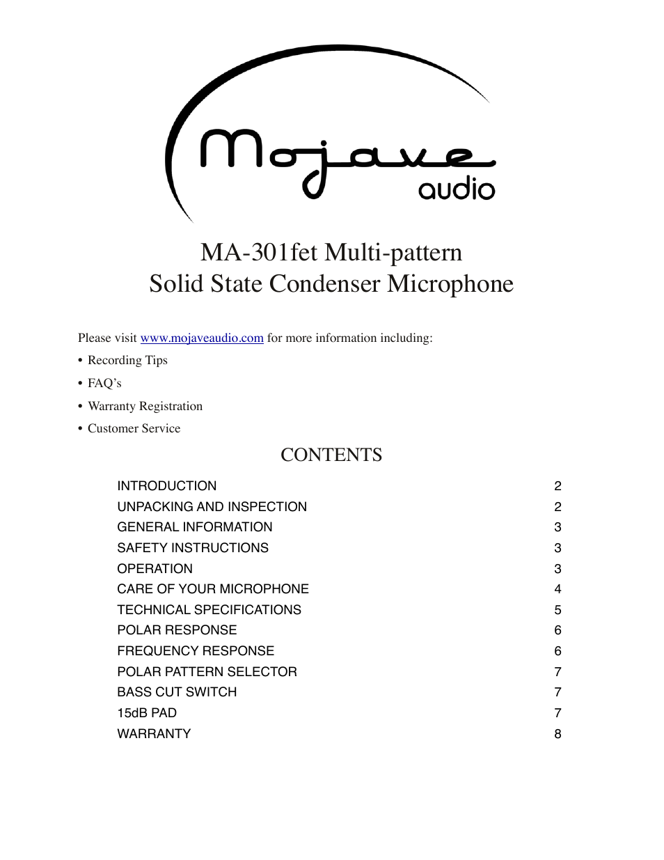 Mojave Audio MA-301fet User Manual | 8 pages