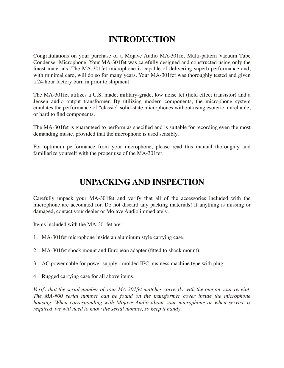 Introduction, Unpacking and inspection | Mojave Audio MA-301fet User Manual | Page 2 / 8