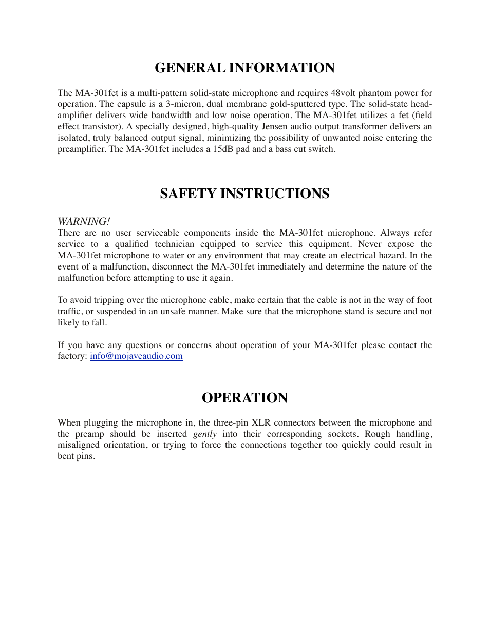General information, Safety instructions, Operation | Mojave Audio MA-301fet User Manual | Page 3 / 8