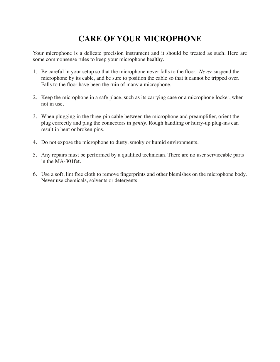 Care of your microphone | Mojave Audio MA-301fet User Manual | Page 4 / 8