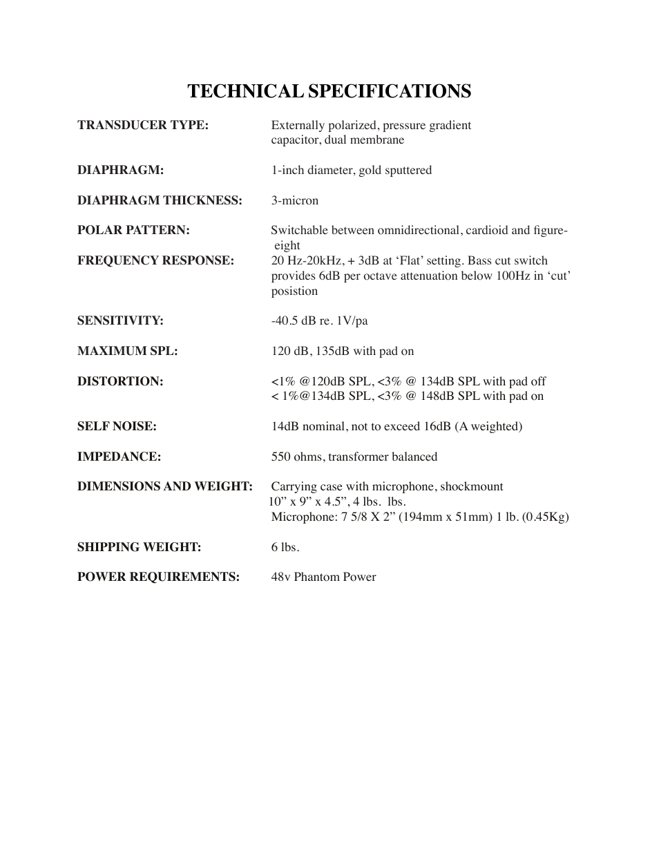 Technical specifications | Mojave Audio MA-301fet User Manual | Page 5 / 8