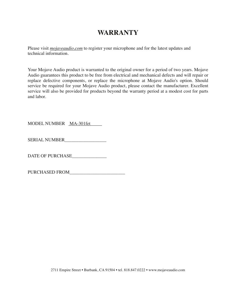 Warranty | Mojave Audio MA-301fet User Manual | Page 8 / 8