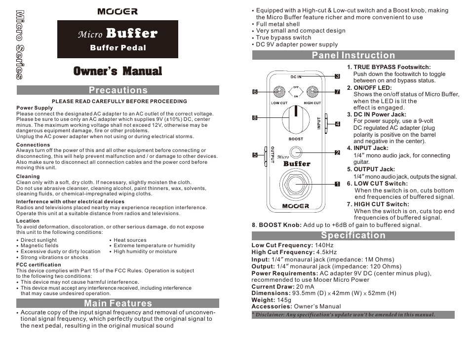 MOOER Micro Buffer User Manual | 1 page