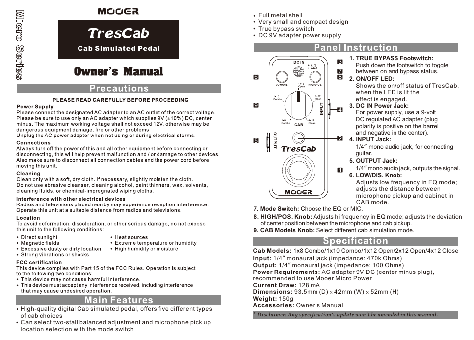 MOOER TresCab User Manual | 1 page