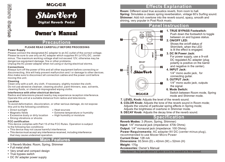 MOOER ShimVerb User Manual | 1 page
