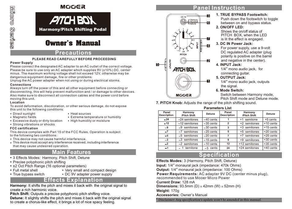 MOOER Pitch Box User Manual | 1 page