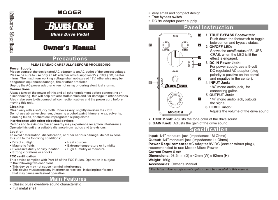 MOOER Blues Crab User Manual | 1 page