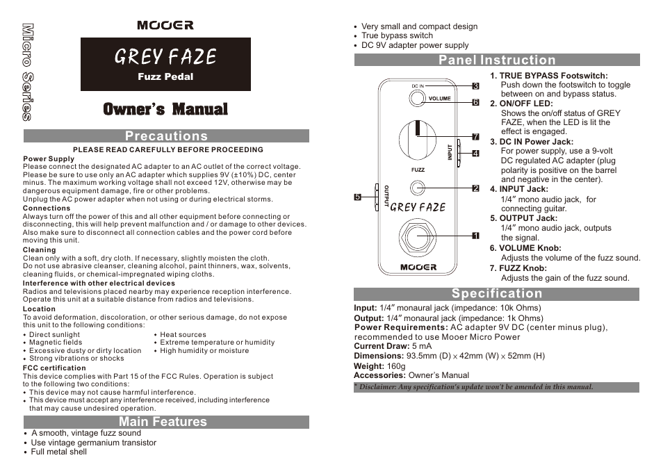 MOOER Grey Faze User Manual | 1 page