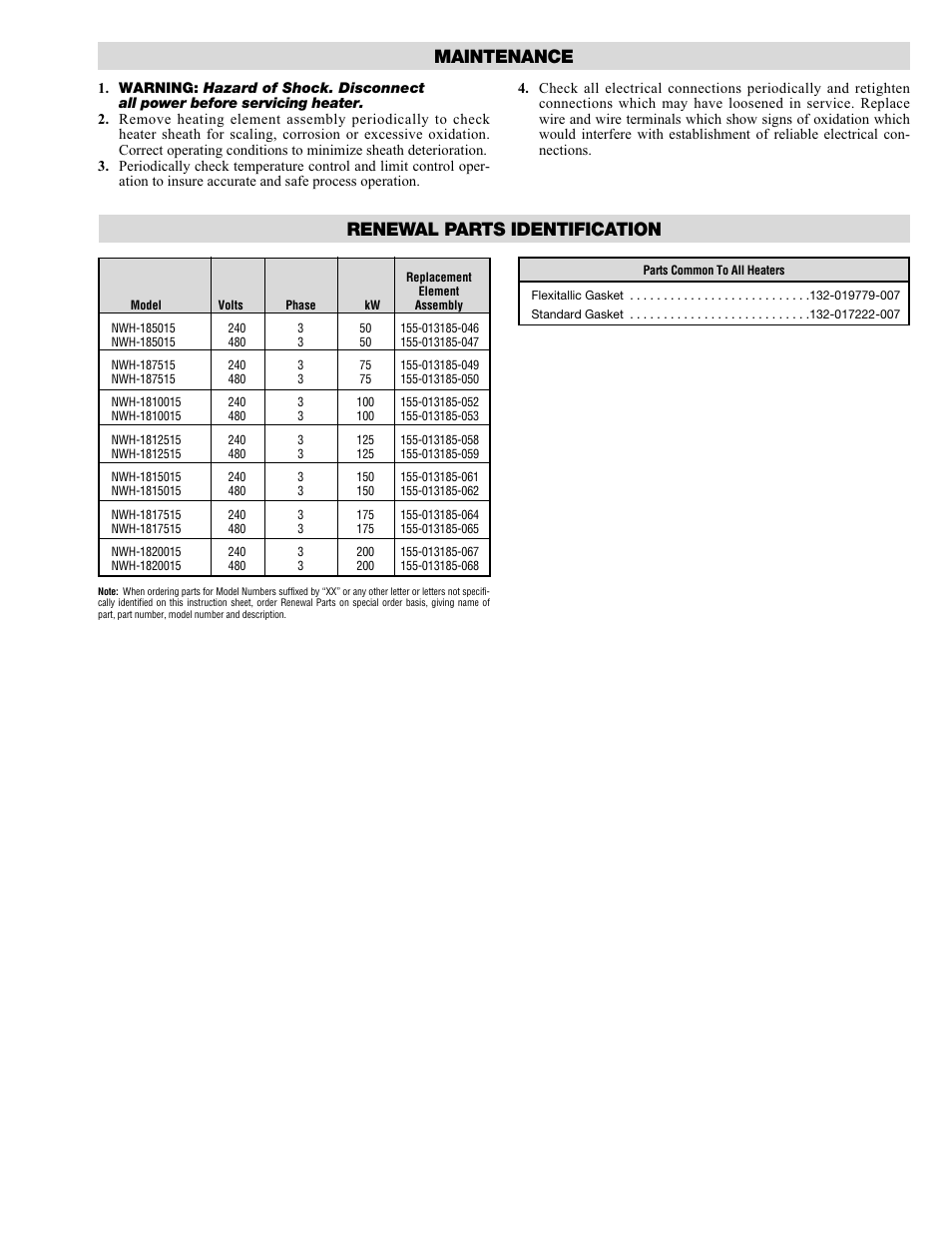 Renewal parts identification, Maintenance | Chromalox NWH-185015 User Manual | Page 3 / 4