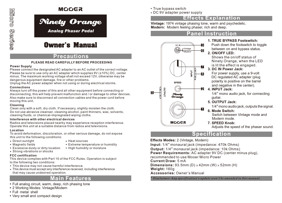 MOOER Ninety Orange User Manual | 1 page