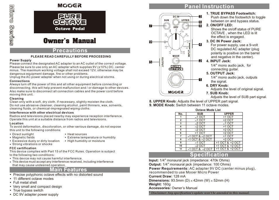 MOOER Pure Octave User Manual | 1 page