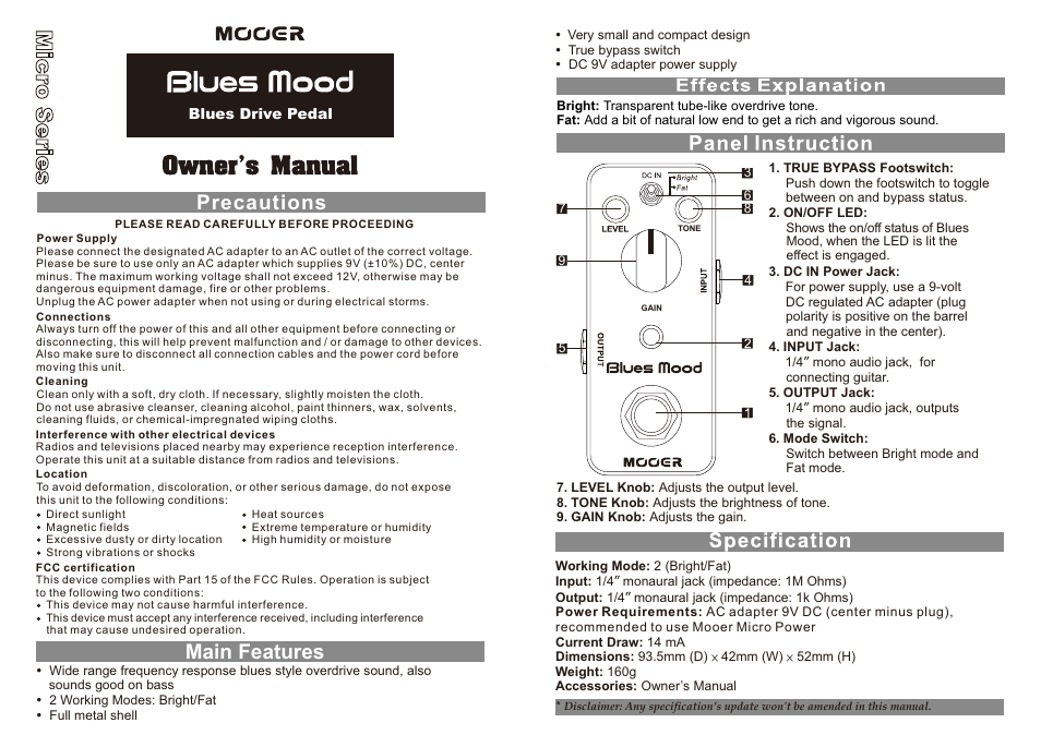 MOOER Blues Mood User Manual | 1 page