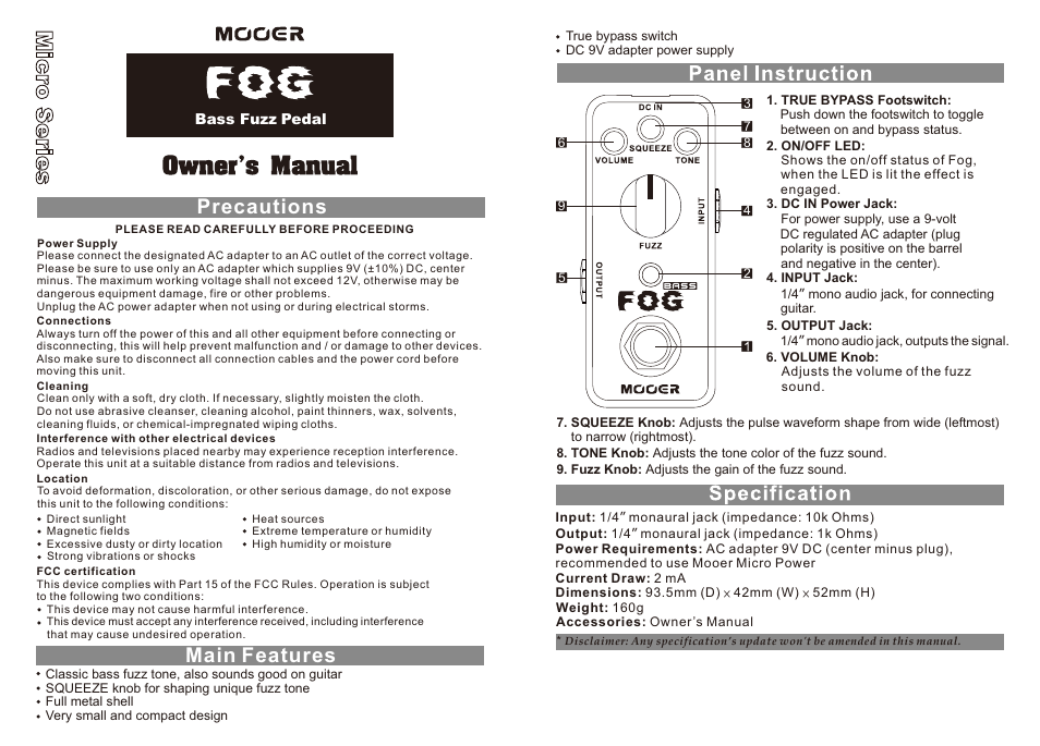 MOOER Fog User Manual | 1 page