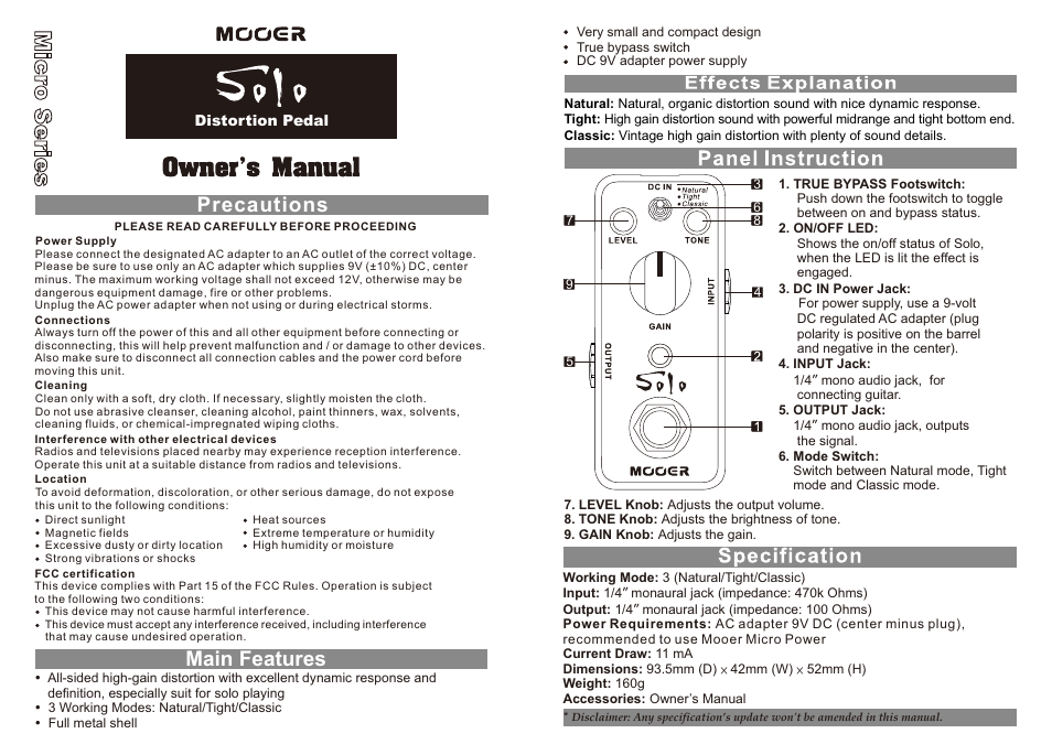 MOOER Solo User Manual | 1 page