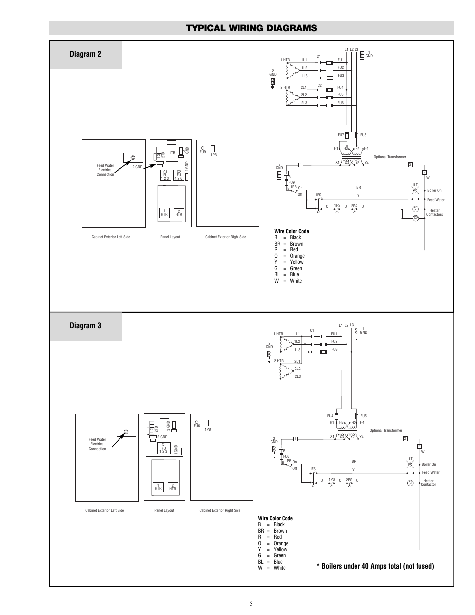 Typical wiring diagrams, Diagram 2, Diagram 3 | Boilers under 40 amps total (not fused) | Chromalox CES-6 User Manual | Page 5 / 20