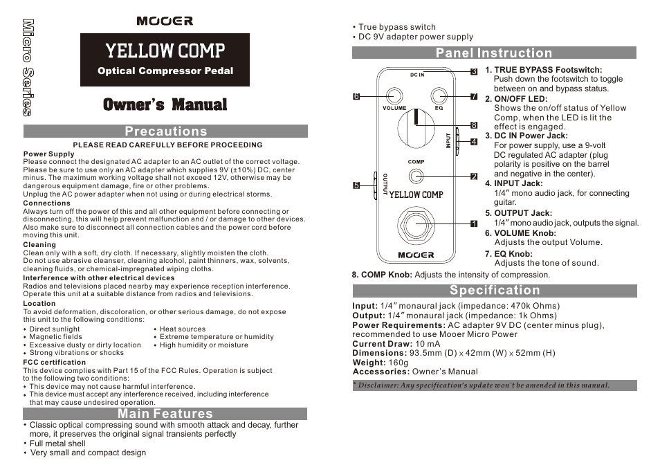 MOOER Yellow Comp User Manual | 1 page