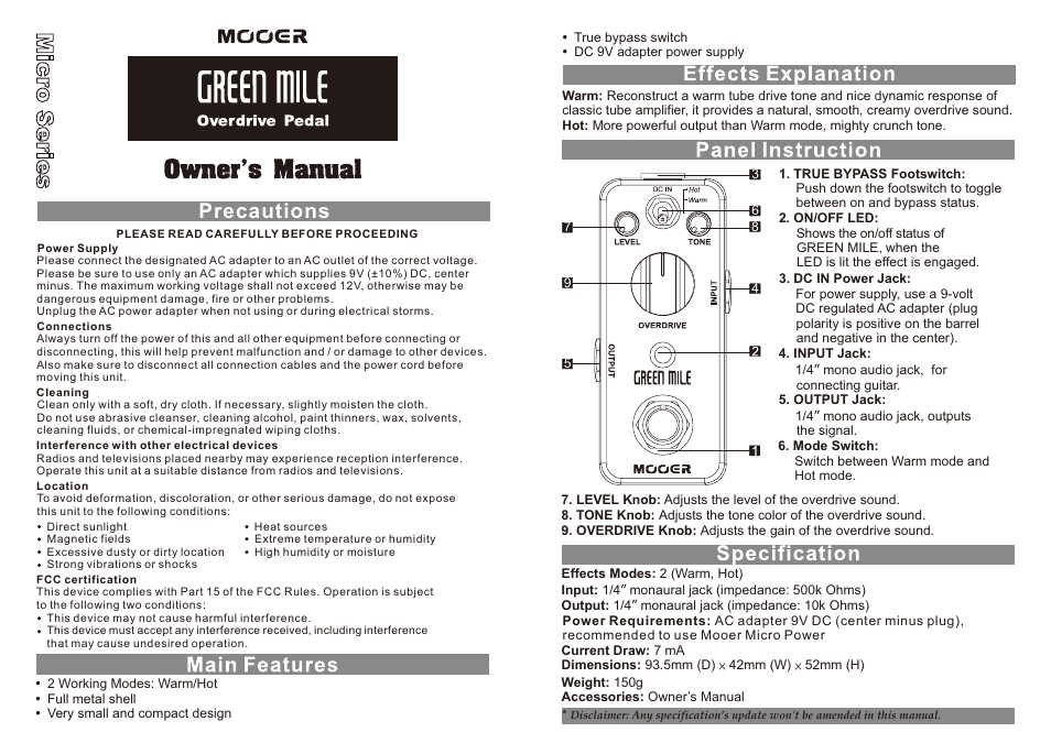 MOOER Green Mile User Manual | 1 page
