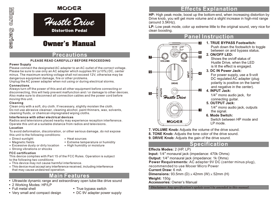 MOOER Hustle Drive User Manual | 1 page