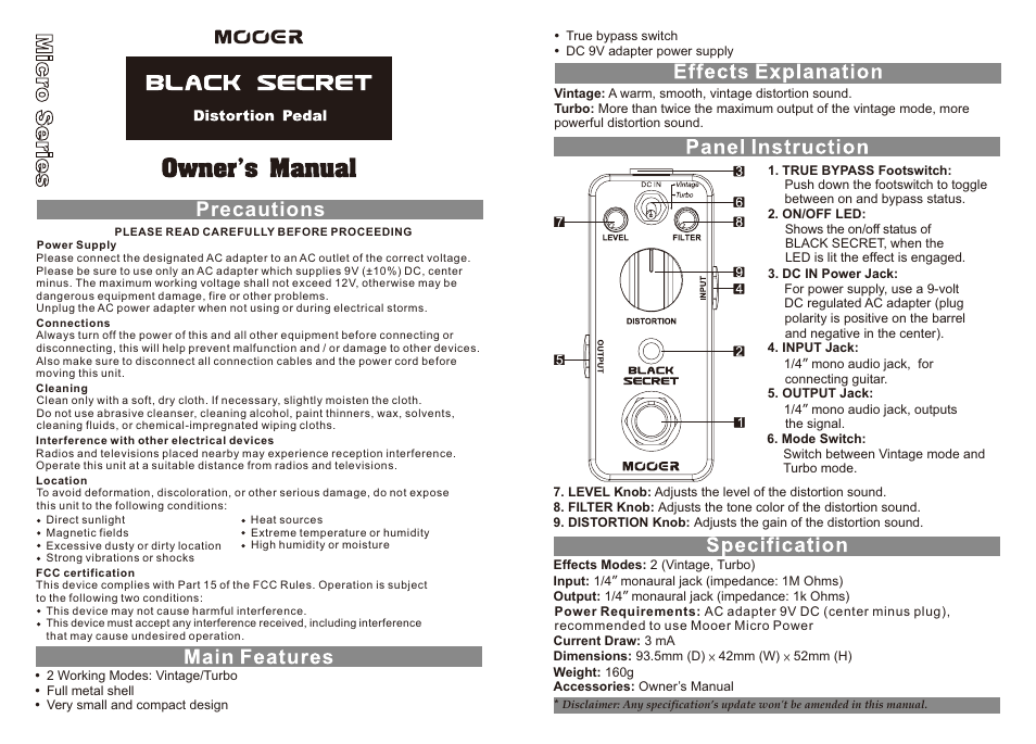 MOOER Black Secret User Manual | 1 page