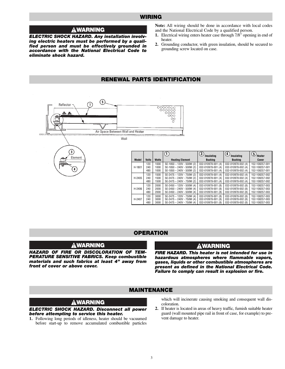 Operation, Maintenance wiring renewal parts identification | Chromalox PF495-1 User Manual | Page 3 / 4