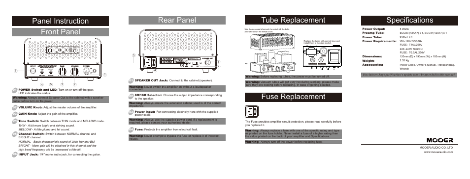 Rear panel, Specifications, Tube replacement | Fuse replacement, Panel instruction, Front panel | MOOER Little Monster BM User Manual | Page 2 / 2