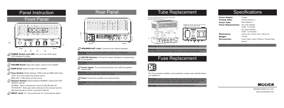 Rear panel, Specifications, Tube replacement | Fuse replacement, Panel instruction, Front panel | MOOER Little Monster AC User Manual | Page 2 / 2