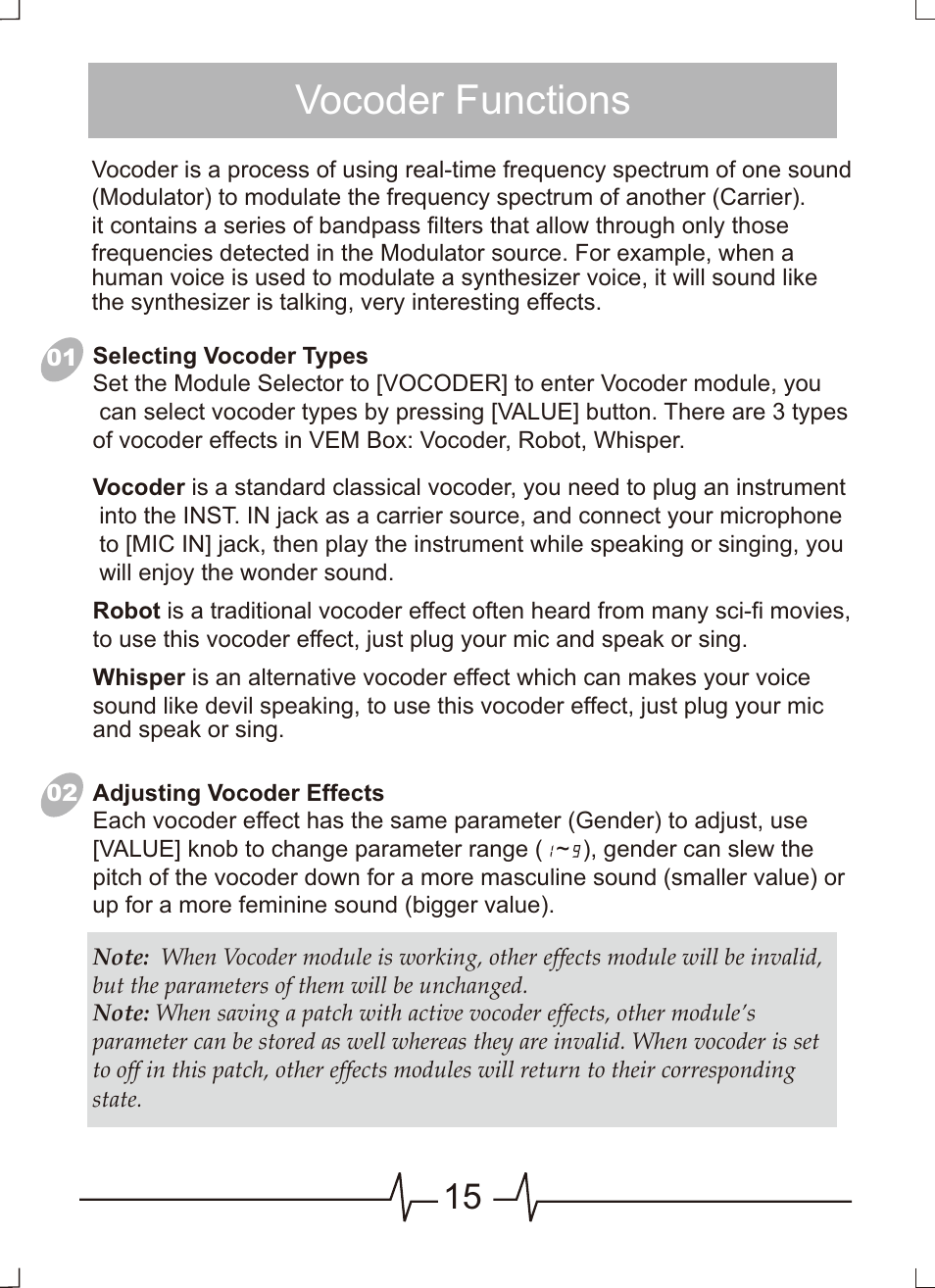 页 16, Vocoder functions | MOOER VEM Box User Manual | Page 16 / 28