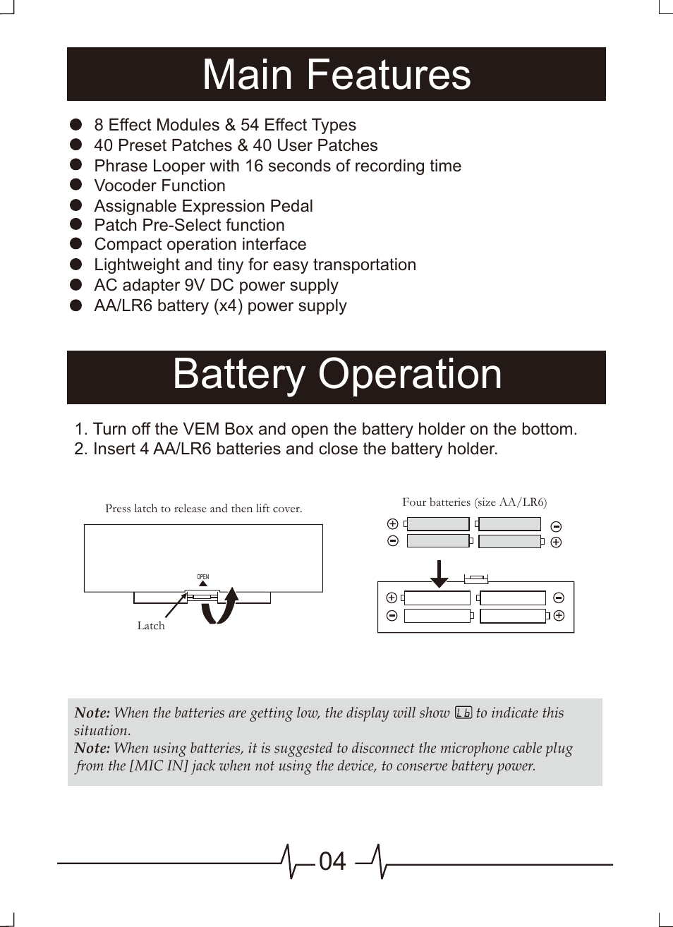 Main features, Battery operation | MOOER VEM Box User Manual | Page 5 / 28