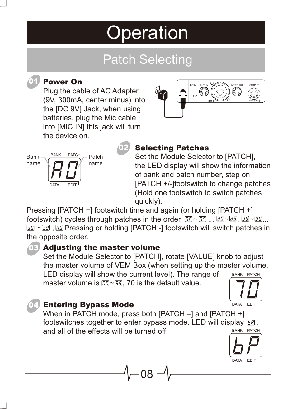 Operation, Patch selecting | MOOER VEM Box User Manual | Page 9 / 28