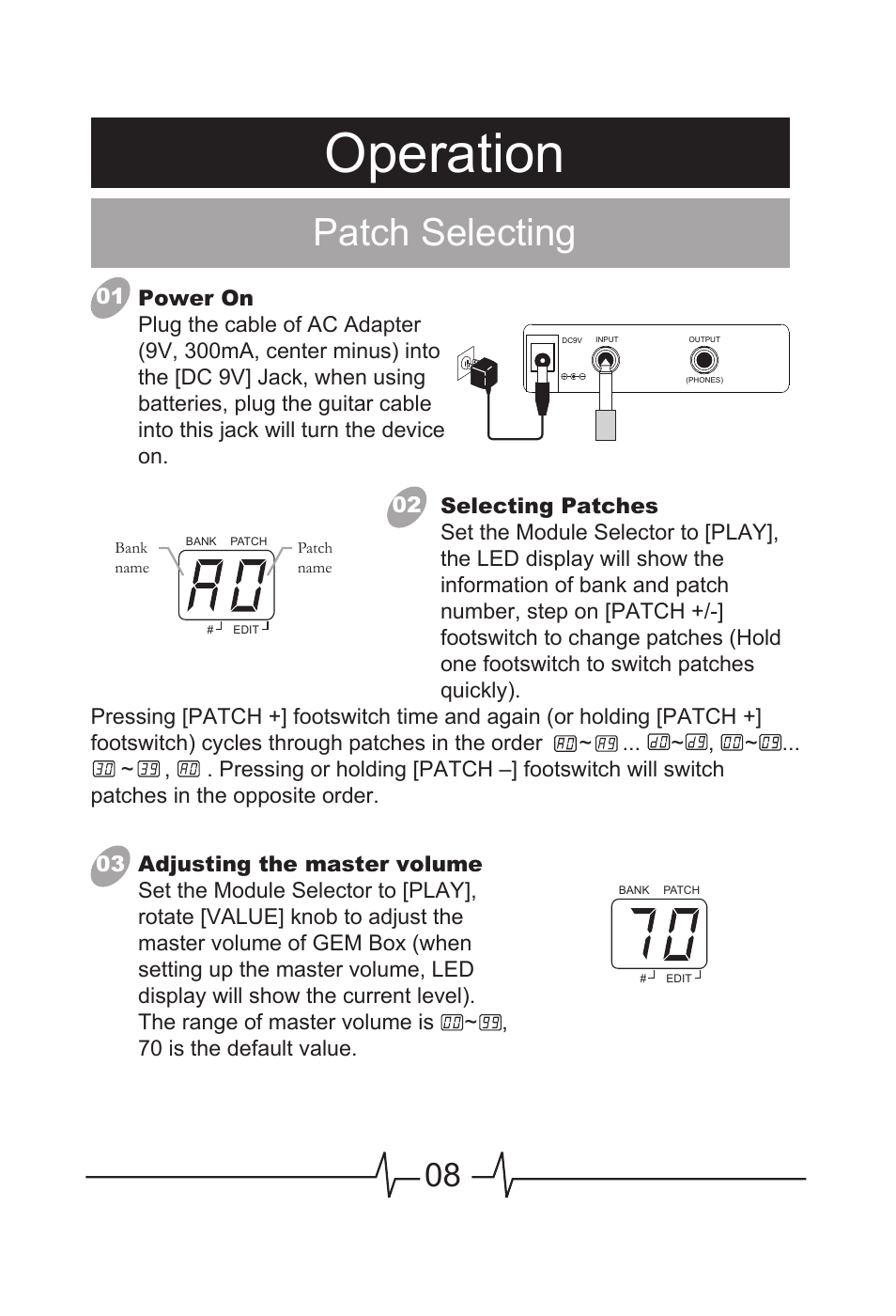 Operation, Patch selecting | MOOER GEM Box User Manual | Page 9 / 27