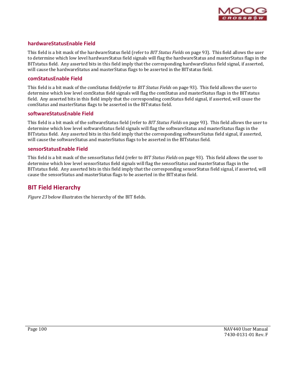 88b88b88bbit field hierarchy, Arestatusenable field, Comstatusenable field | Softwarestatusenable field, Sensorstatusenable field, Bit field hierarchy, Pendix a, Nmea message format | Moog Crossbow NAV440 Series User Manual | Page 100 / 128