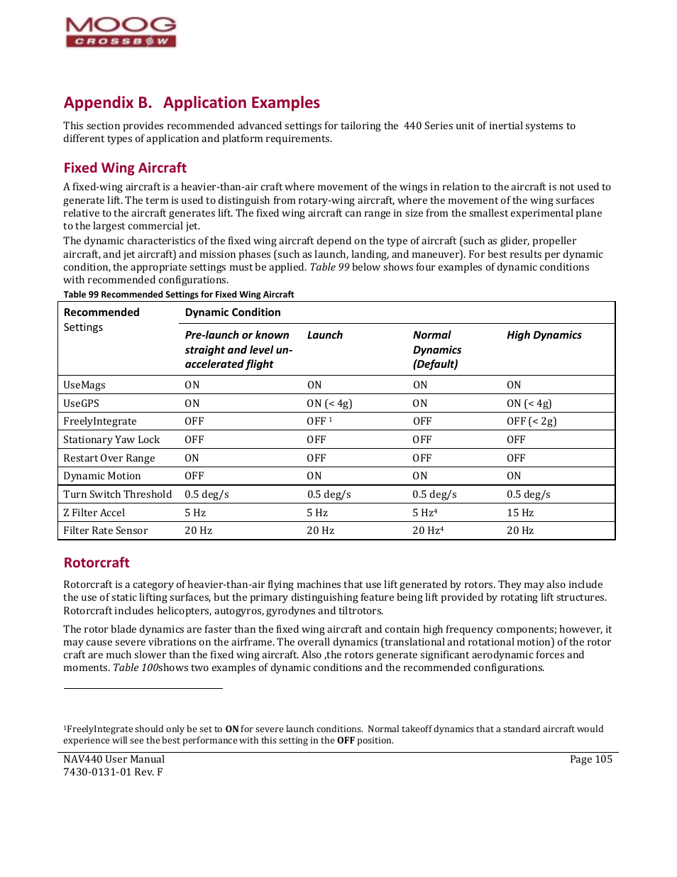 91b91b91bfixed wing aircraft, Launch, Normal dynamics (default) | High dynamics, 92b92b92brotorcraft, Fixed wing aircraft, Rotorcraft, Built in test (bit), Appendix b. application examples, Appendix b | Moog Crossbow NAV440 Series User Manual | Page 105 / 128