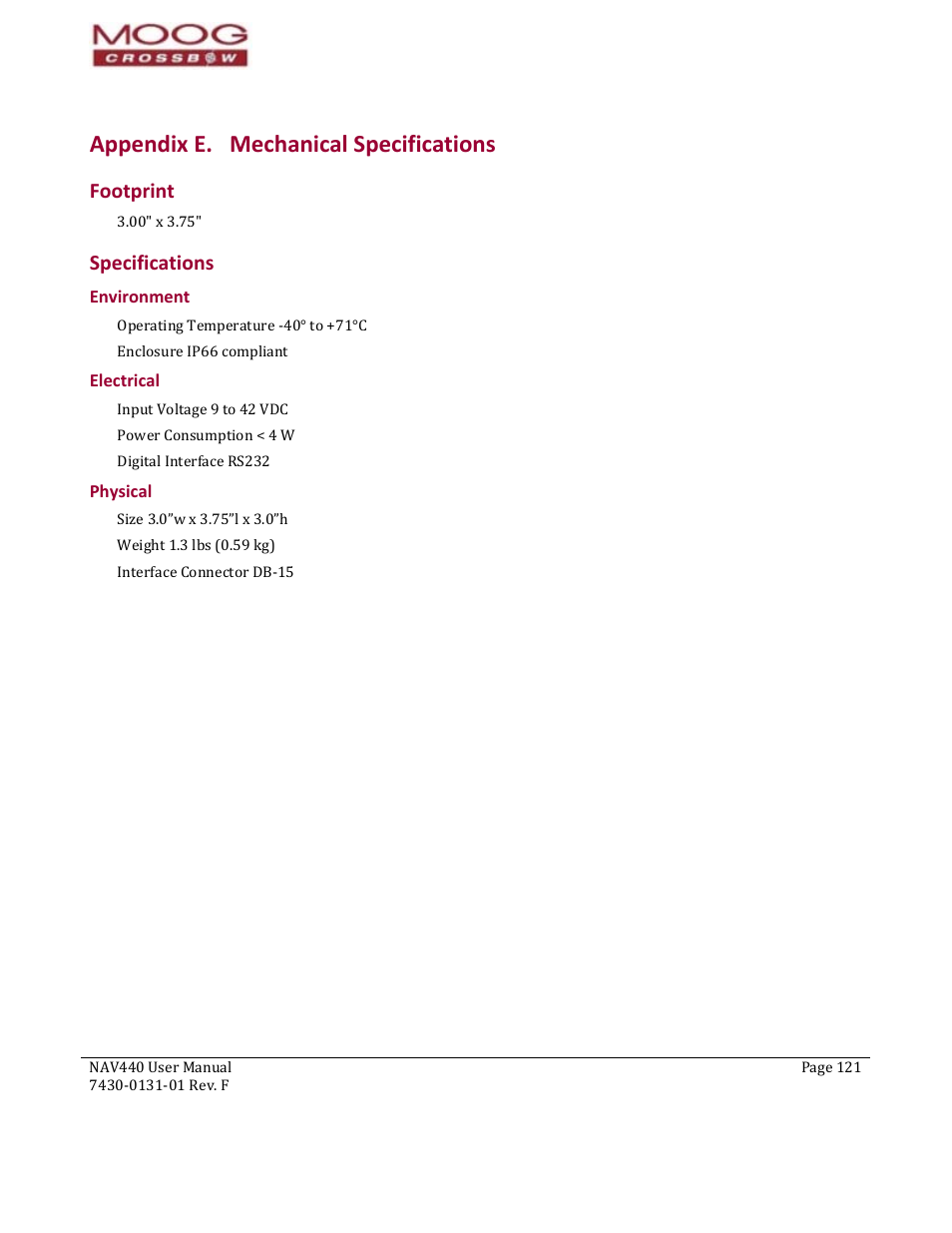 97b97b97bfootprint, 98b98b98bspecifications, Pendix | Mechanical specifications, Footprint sp, Ecifications, Environment, Electrical, Physical, Appendix e. mechanical specificat | Moog Crossbow NAV440 Series User Manual | Page 121 / 128