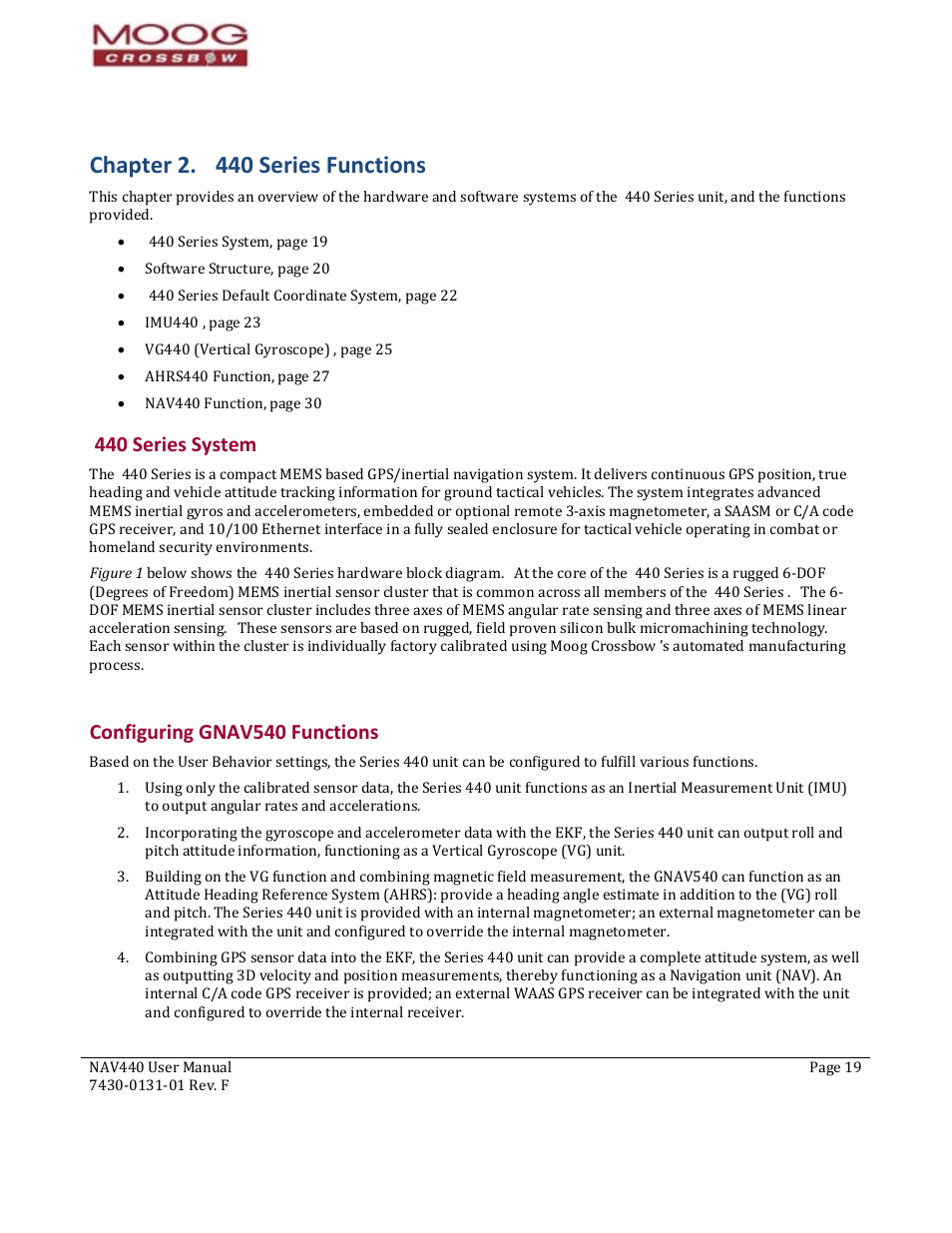 Chapter 2. 8b8b8b440 series functions, 25b25b25b 440 series system, 26b26b26bconfiguring gnav540 functions | 440 series system, Configuring gnav540 functions, Chapter / appendix, Chapter 1. 440 series overview, Chapter 2. 440 series functions | Moog Crossbow NAV440 Series User Manual | Page 19 / 128