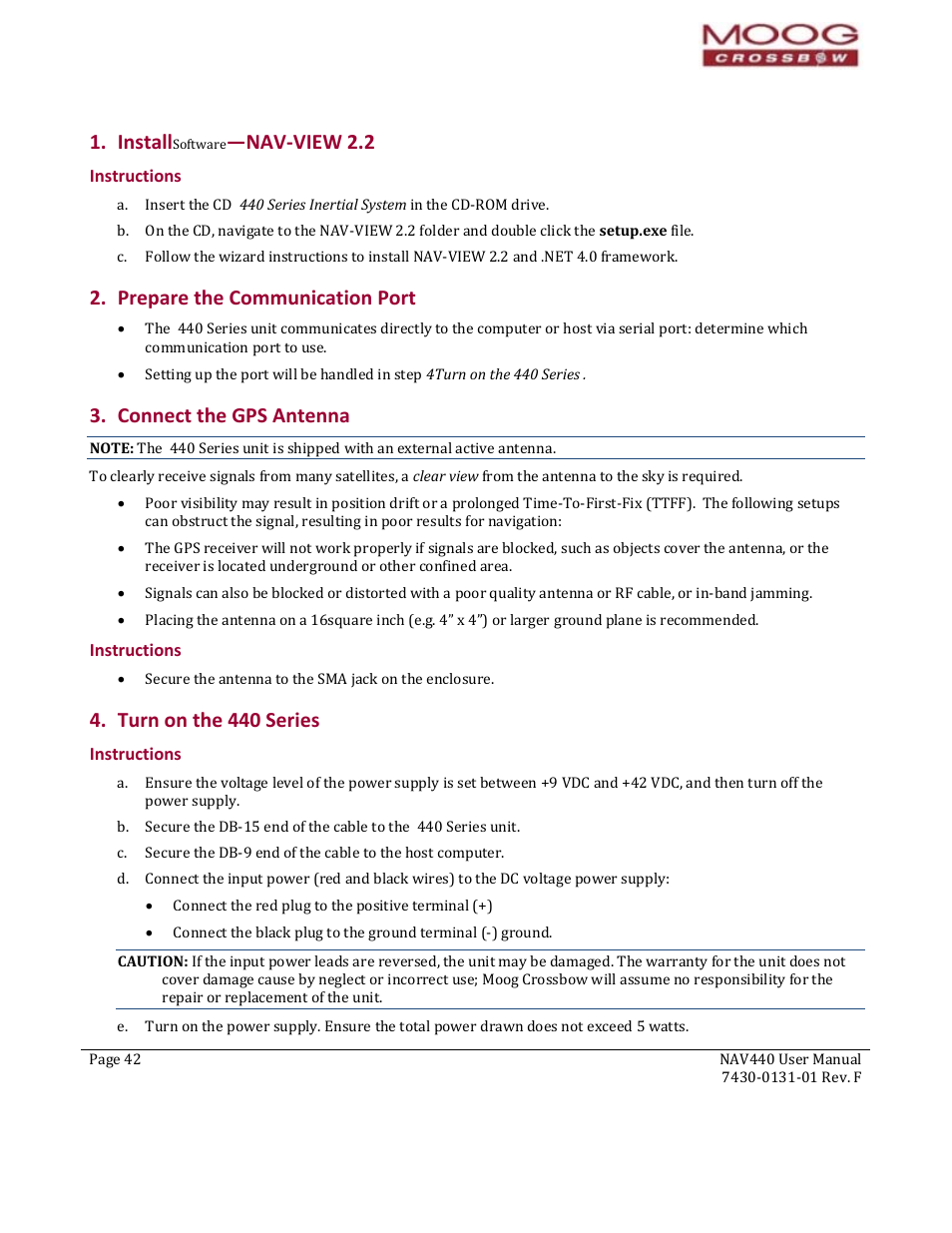 44b44b44binstallsoftware—nav-view 2.2, 119b119b119binstructions, 45b45b45bprepare the communication port | 46b46b46bconnect the gps antenna, 120b120b120binstructions, 47b47b47bturn on the 440 series, 121b121b121binstructions, Installsoftware—nav‐view 2.2, Structions, Prepare the communication port | Moog Crossbow NAV440 Series User Manual | Page 42 / 128