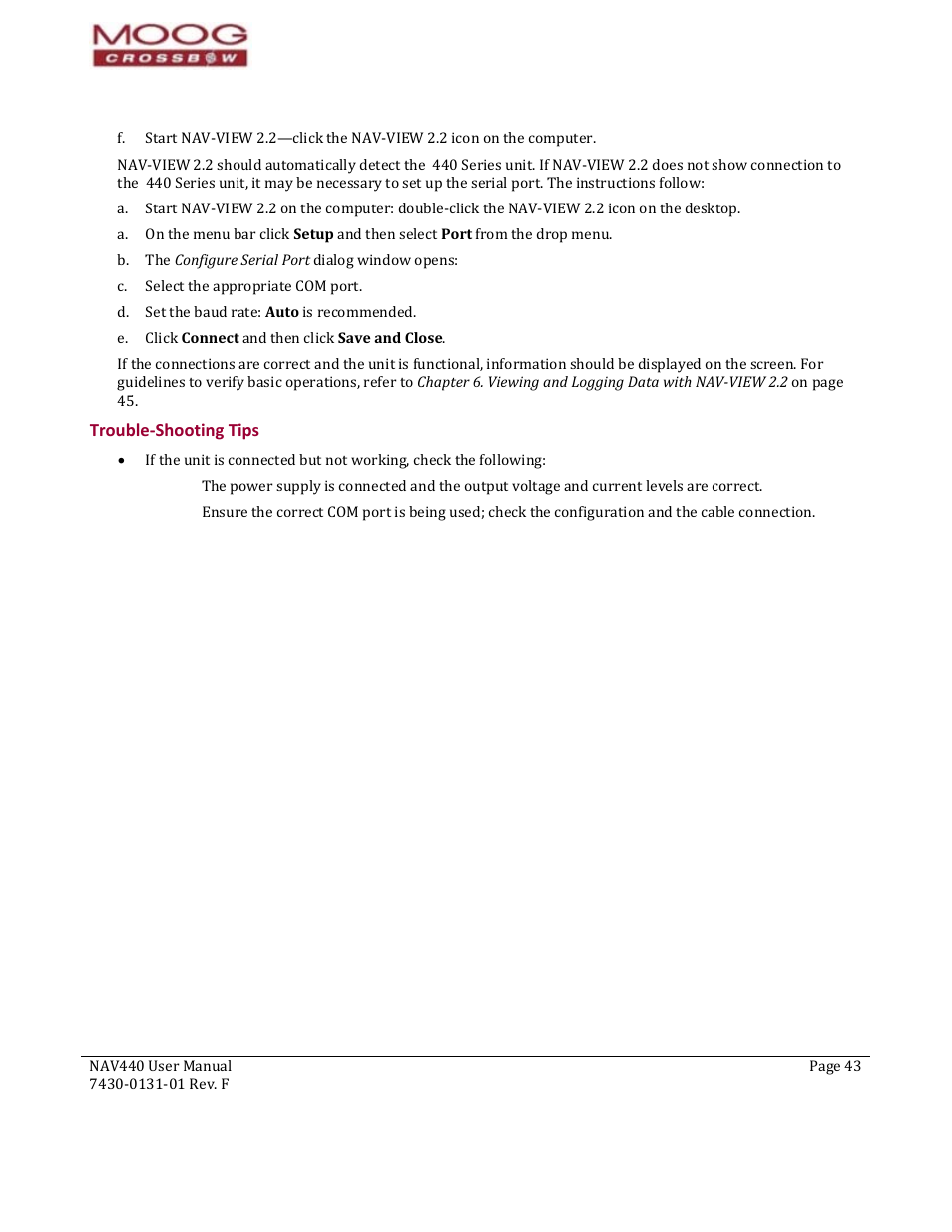 122b122b122btrouble-shooting tips, Trouble‐shooting tips, Apter 6 | Viewing and logging data with nav­view 2.2 | Moog Crossbow NAV440 Series User Manual | Page 43 / 128