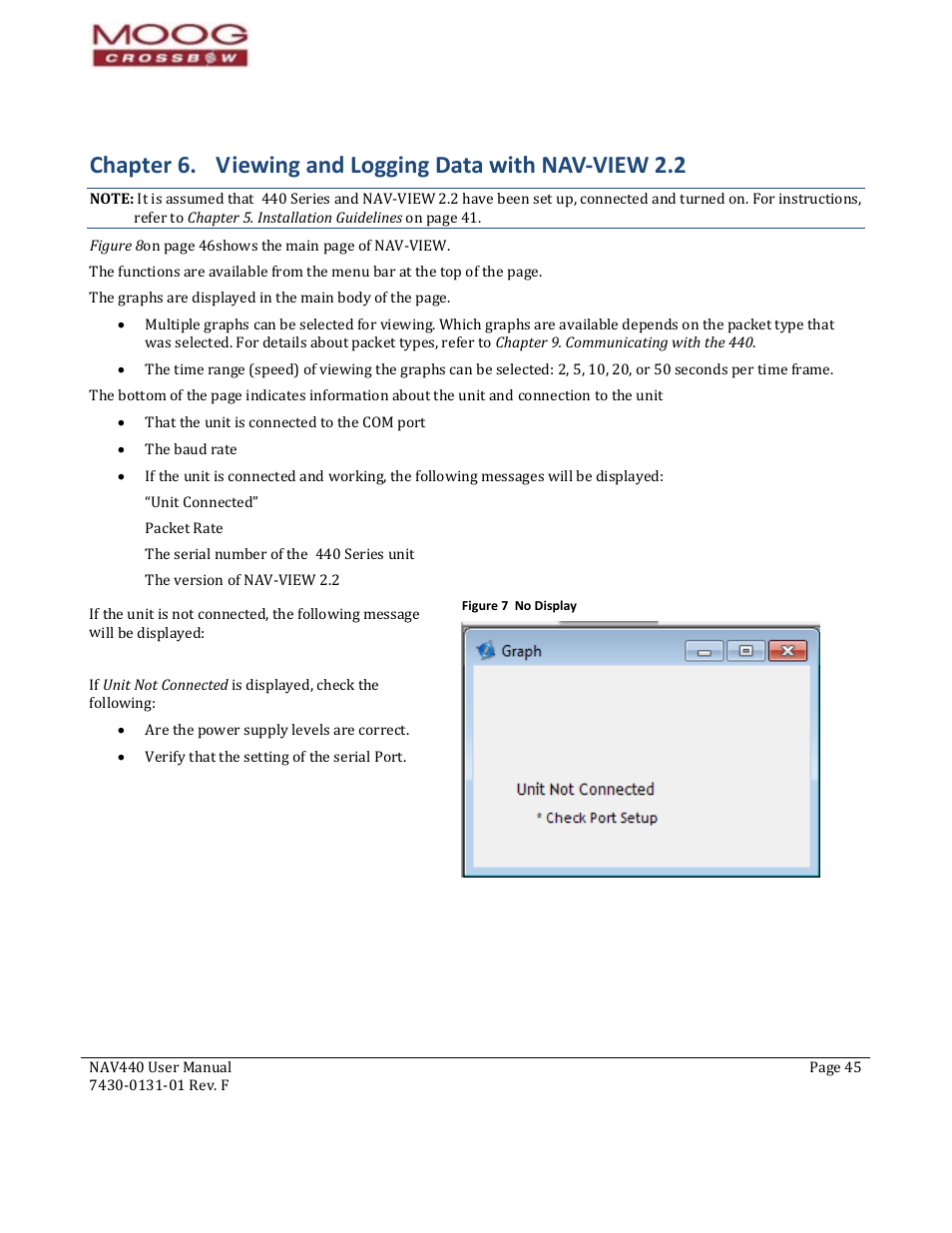 Figure 7 no display, Guidelines, Chapter 5 | Chapter 6. viewing and logging, If t, Guidelines to verif, Trouble | Moog Crossbow NAV440 Series User Manual | Page 45 / 128