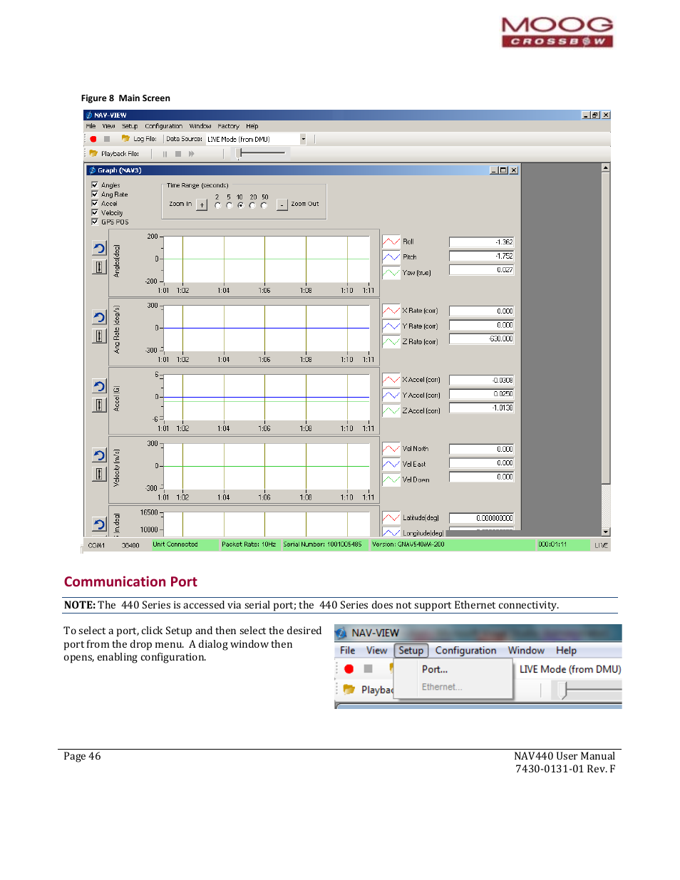 48b48b48bcommunication port, Figure 8 main screen, Chapter 5. installation guidelines | Communication port | Moog Crossbow NAV440 Series User Manual | Page 46 / 128