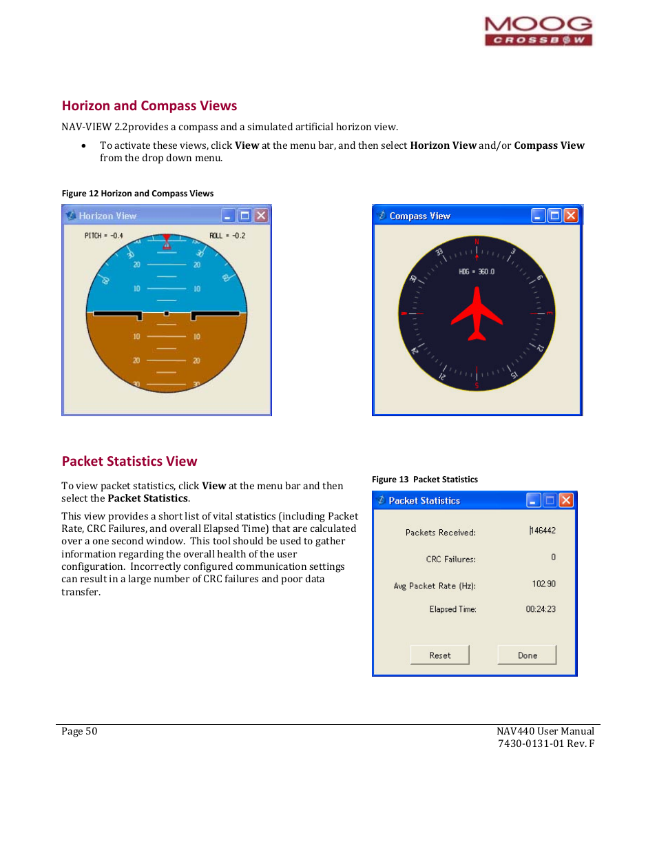 52b52b52bhorizon and compass views, 53b53b53bpacket statistics view, Horizon and compass views packet statistics view | Apter 7, Configuring the 440 series with navview 2.2, Figure 12 horizon and compass views, Figure 13 packet statistics, Horizon and compass views, Packet statistics view | Moog Crossbow NAV440 Series User Manual | Page 50 / 128